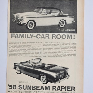 Car Ad 1958 Sunbeam Rapier ( Luxusautomobil Klassiker altes Foto Werbebroschüre Teile Autohaus 50er American Rootes Auto )