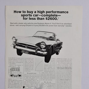 Car Ad 1960 Sunbeam Alpine V (Luxus Automobil Oldtimer altes Foto Werbebroschüre Teilehändler Autohaus 50er Jahre 50er Jahre)