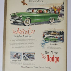 Grande pubblicità per auto 1953 Dodge Coronet V-Eight 4 porte berlina (vecchia pubblicità fotografica classica della casa automobilistica, parti, brochure stampata del concessionario Chrysler negli Stati Uniti)