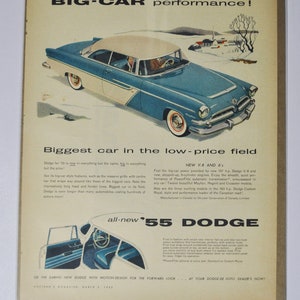 Grande pubblicità per auto Dodge del 1955 (azienda automobilistica, pubblicità fotografica classica, vecchia, parti, brochure stampata, concessionaria, concessionario America, Chrysler Auto USA)