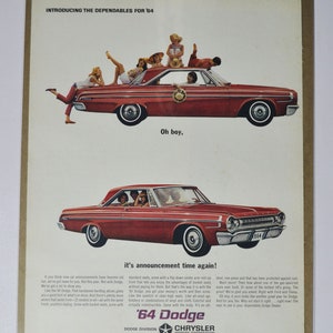Grande pubblicità per auto 1964 Dodge (azienda automobilistica, pubblicità fotografica d'epoca classica, parti, brochure stampata, concessionario, concessionaria Chrysler USA, motore V8)