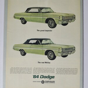 Grande pubblicità per auto 1964 Dodge Polara 500 Convertible (pubblicità fotografica classica di una vecchia azienda automobilistica, parti, brochure stampata, concessionario Chrysler Auto USA)