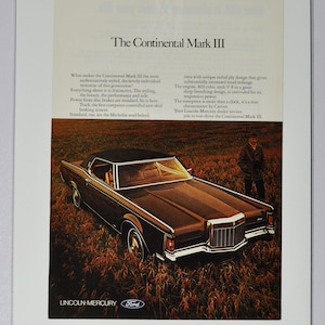 Annonce pour voiture Lincoln Continental Mark III 3 (ford motor company Mercury classic old vintage photo publicité pieces impression brochure dealer USA)