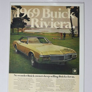 Grote autoadvertentie 1969 Buick Riviera (general motors company GM oude vintage klassieke fotoadvertentie onderdelen print poster auto aangepaste garage)