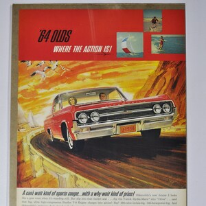 Grote autoadvertentie 1964 Oldsmobile Jetstar 1 (GM General Motors klassieke oude fotoadvertentie onderdelen brochure gedrukt olds auto raketactie VS)