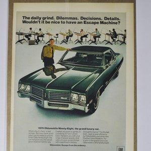 Pubblicità di auto di grandi dimensioni 1970 Oldsmobile Ninety-Eight (azienda GM, pubblicità fotografica classica, parti, brochure stampata, concessionario Olds 98 USA Grand Luxury)