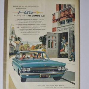 Grote autoadvertentie 1961 Oldsmobile F-85 (GM General Motors Company klassieke oude fotoadvertentie onderdelen brochure gedrukt dealer olds auto machete)