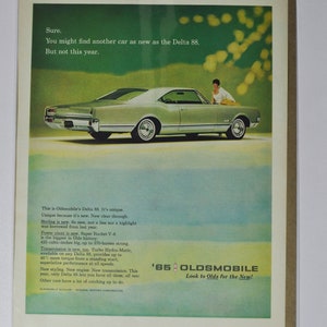 Grote autoadvertentie 1965 Oldsmobile Delta 88 (GM bedrijf klassieke oude fotoadvertentie onderdelen gedrukte brochure olds toronado geïnspireerde Amerikaanse raket)