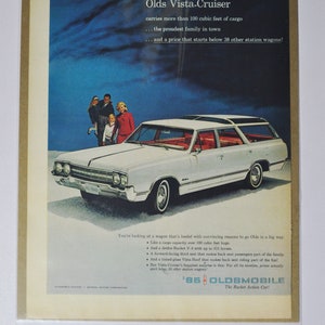Grande pubblicità per auto Oldsmobile Vista-Cruiser del 1965 (GM General Motors, pubblicità fotografica classica di vecchia data, brochure stampata di ricambi, olds auto station wagon)