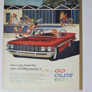 Grande pubblicità per auto Oldsmobile del 1960 (GM General Motors Company, pubblicità fotografica classica d'epoca, parti, brochure stampate, concessionario, Olds Auto, USA)