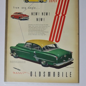 Pubblicità di un'auto di grandi dimensioni, 1951 Oldsmobile Super 88 Deluxe 4-Door Sedan (vecchia pubblicità fotografica classica della GM, brochure stampata, USA Eighty-Eight)