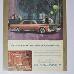 Pubblicità di un'auto di grandi dimensioni, Oldsmobile Ninety-Eight del 1963 (vecchia pubblicità fotografica classica della società GM, brochure stampata di ricambi, concessionario di Super Rocket degli Stati Uniti, Oldsmobile Ninety-Eight del 1963)