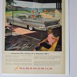 Grande pubblicità per auto 1957 Oldsmobile Starfire 98 Holiday Coupe (GM General Motors Company, pubblicità fotografica classica, parti, brochure stampata, vecchie)