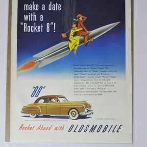 Grote autoadvertentie 1950 Oldsmobile 88 (GM-bedrijf klassieke oude fotoadvertentie onderdelen gedrukte brochure olds USA Eighty-Eight raket VS motor VS)