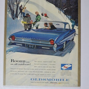 Grote autoadvertentie 1961 Oldsmobile (GM General Motors klassieke oude fotoadvertentie onderdelen gedrukte brochure olds auto raketactie VS 88 98 VS)