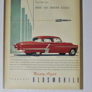 Grote auto-advertentie Oldsmobile Ninety-Eight 4-Door Sedan (GM-bedrijf klassieke oude foto-advertentie deel gedrukte brochure olds dealer 98 rocket USA)
