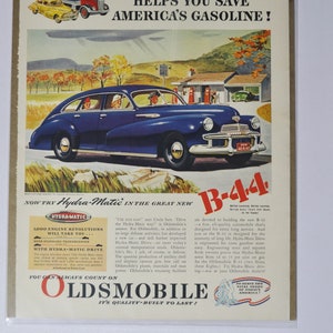 Grote autoadvertentie Oldsmobile B-44 (GM-bedrijf klassieke oude fotoadvertentie deel gedrukte brochure olds Eighty-Eight raket Hydra-Matic USA VS)