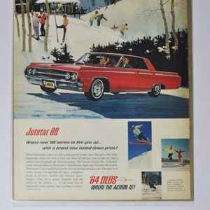 Grande pubblicità per auto 1964 Oldsmobile Jetstar 88 (GM General Motors, pubblicità fotografica classica, parti, brochure stampata, Olds Auto Rocket Action USA)