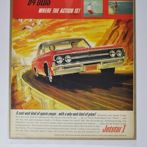 Grote autoadvertentie 1964 Oldsmobile Jetstar 1 (GM General Motors klassieke oude fotoadvertentie onderdelen brochure gedrukt olds auto raketactie VS)