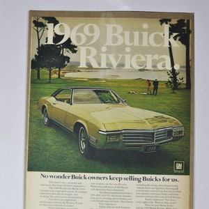 Grote autoadvertentie 1969 Buick Riviera (general motors company GM oude vintage klassieke fotoadvertentie onderdelen print poster auto aangepaste garage)