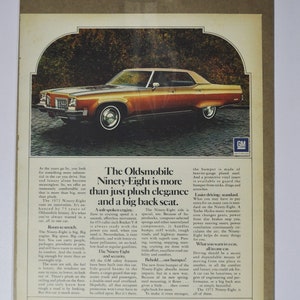 Pubblicità di un'auto di grandi dimensioni, Oldsmobile Ninety-Eight del 1972 (azienda GM, pubblicità fotografica classica, parti, brochure stampata, concessionario Olds 98 USA Grand Luxury)