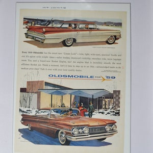 Pubblicità di auto di grandi dimensioni 1959 Oldsmobile Ninety-Eight Holiday Sport Sedan e Dynamic 88 Holiday Semi Coupe (vecchia pubblicità fotografica GM, concessionario Olds USA)