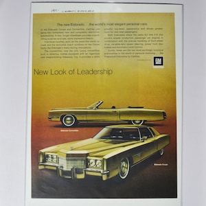 Grande pubblicità per auto 1971 Cadillac Eldorado Convertible & Coupe (pubblicità fotografica d'epoca classica di una casa automobilistica, parti, brochure stampata, lusso GM USA)