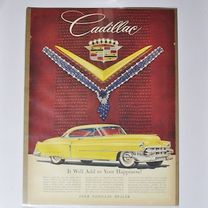 Grote autoadvertentie jaren 50? Cadillac (motorbedrijf klassieke oude fotoadvertentie onderdelen gedrukte brochure tijdschrift General Motors-dealer)