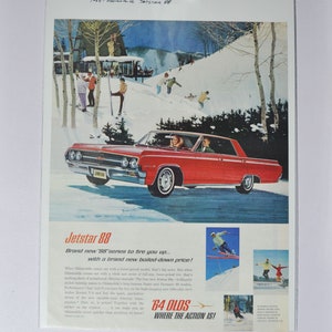 Grande pubblicità per auto 1964 Oldsmobile Jetstar 88 (GM General Motors, pubblicità fotografica classica, parti, brochure stampata, Olds Auto Rocket Action USA)