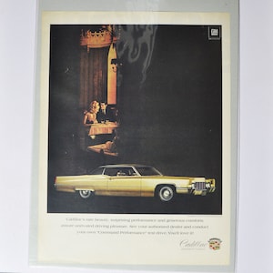 Anúncio de carro grande 1969 Cadillac Coupe DeVille De Ville (empresa de automóveis clássica foto antiga peças de anúncio imprimir folheto revendedor de luxo EUA EUA)
