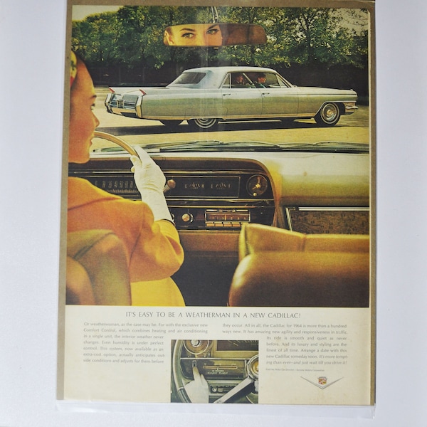 Grande annonce de voiture 1964 Cadillac (société automobile classique ancienne photo publicité pièces brochure imprimée GM General Motors concessionnaire concessionnaire USA US)