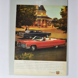 Grande pubblicità per auto 1966 Cadillac (azienda automobilistica, vecchia foto classica, pubblicità, parti, brochure stampata, concessionaria GM General Motors USA)