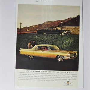 Grote autoadvertentie Cadillac 1963 Sixty-Special & 1961 Sedan de Ville (klassieke oude fotoadvertentieonderdelen van autobedrijf gedrukte brochure GM USA)