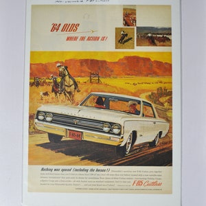 Grande pubblicità per auto 1964 Oldsmobile F-85 Cutlass (GM General Motors, pubblicità fotografica classica d'epoca, parti, brochure stampata, Olds Auto Rocket Action)