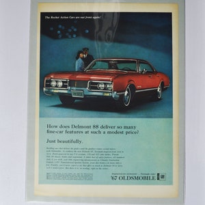Pubblicità di un'auto di grandi dimensioni, Oldsmobile Delmont 88 del 1967 (GM General Motors, pubblicità fotografica classica di vecchia data, brochure stampata di parti, Olds Rocket Eighty-Eight, USA)
