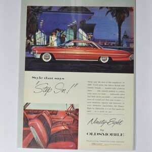 Grote autoadvertentie 1961 Oldsmobile Ninety-Eight (GM General Motors klassieke oude fotoadvertentie onderdelen brochure gedrukt olds auto VS 98 VS VS)