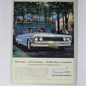 Pubblicità di auto di grandi dimensioni 1961 Oldsmobile Dynamic 88 (GM General Motors, pubblicità fotografica classica di vecchia data, brochure stampata di parti, Olds Auto Rocket Action USA)