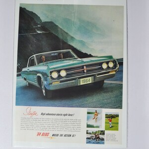 Grote autoadvertentie 1964 Oldsmobile Jetstar (GM General Motors klassieke oude fotoadvertentie onderdelen gedrukte brochure olds auto raketactie VS 1)