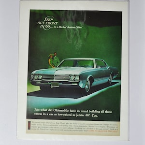 Grote autoadvertentie 1966 Oldsmobile Jetstar 88 (GM General Motors klassieke oude fotoadvertentie onderdelen gedrukte brochure olds auto raketactie VS)