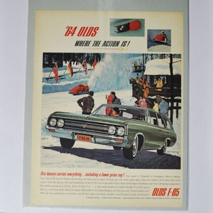 Grote autoadvertentie 1964 Oldsmobile F-85 (GM General Motors klassieke oude fotoadvertentie onderdelen gedrukte brochure olds auto raketactie Cutlass)