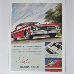 Pubblicità di un'auto di grandi dimensioni, Oldsmobile Starfire del 1963 (GM General Motors Company, pubblicità fotografica classica, brochure stampata di ricambi, Olds Hydra-matic USA)
