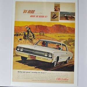 Grande pubblicità per auto 1964 Oldsmobile F-85 Cutlass (GM General Motors, pubblicità fotografica classica d'epoca, parti, brochure stampata, Olds Auto Rocket Action)