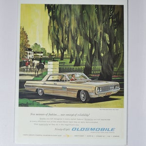 Pubblicità di un'auto di grandi dimensioni, Oldsmobile Ninety-Eight Holiday Sports Sedan del 1962 (pubblicità fotografica classica della società GM, parti, brochure stampata, Oldsmobile 98 USA)