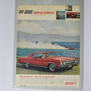 Grande pubblicità per auto 1964 Oldsmobile Jetstar 1 (GM General Motors, pubblicità fotografica classica, parti, brochure stampata, Olds Auto Rocket Action USA)