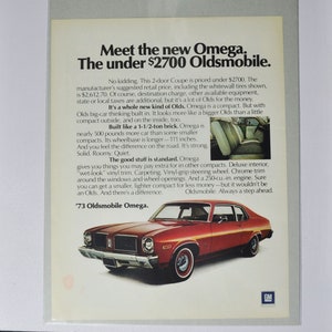 Pubblicità di auto di grandi dimensioni 1973 Oldsmobile Omega (GM General Motors classica vecchia foto pubblicità parti brochure stampata olds auto rocket compact USA US)