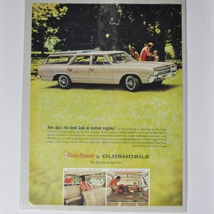 Grote autoadvertentie Oldsmobile Vista-Cruiser (GM General Motors klassieke oude fotoadvertentie onderdelen brochure afdrukken olds auto stationwagen VS)