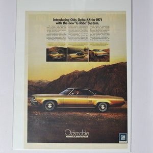 Grote autoadvertentie 1971 Oldsmobile Delta 88 (GM-bedrijf klassieke oude fotoadvertentie onderdelen gedrukte brochure olds toronado geïnspireerd G-Ride-systeem)