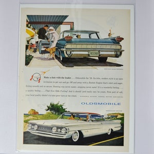Pubblicità di auto di grandi dimensioni 1959 Oldsmobile Ninety-Eight Holiday Sport Sedan e Super 88 Holiday Seni Coupe (vecchia pubblicità fotografica GM concessionario Olds USA)