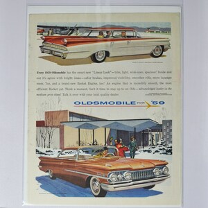 Grote autoadvertentie 1959 Oldsmobile Ninety-Eight Holiday Sport Sedan & Dynamic 88 Holiday Semi Coupe (oude GM-fotoadvertentie olds-dealer VS)