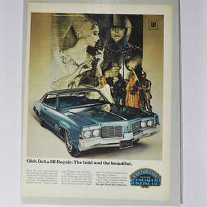 Grote autoadvertentie 1969 Oldsmobile Delta 88 Royale (GM bedrijf klassieke oude fotoadvertentie onderdelen brochure gedrukt olds USA raket raketmotor)